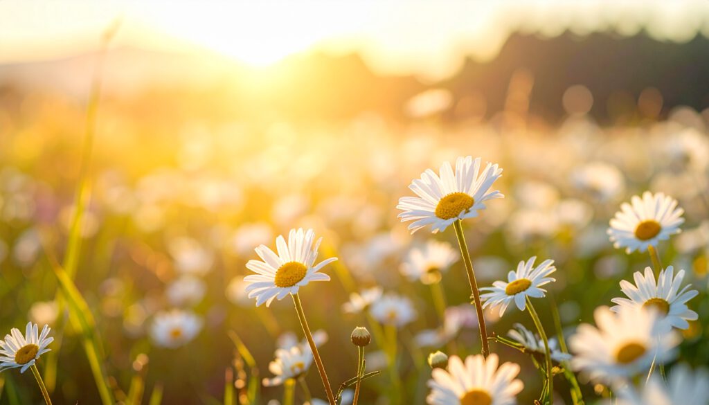 Gänseblümchen auf einer Wiese im warmen Sonnenlicht, Hintergrund weich verschwommen.