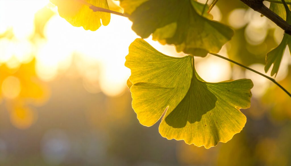 Ginkgo-Blätter im Gegenlicht, goldgrün leuchtend vor unscharfem Hintergrund.