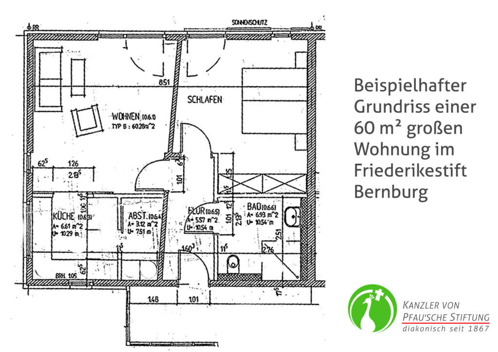 Beispielhafter Grundriss einer 60 qm großen Wohnung im Friederikestift Bernburg